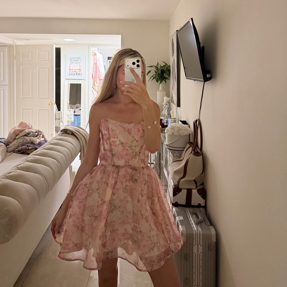 Floral Pink Strapless Dress